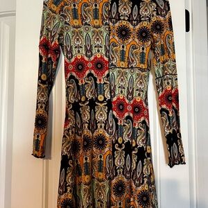 Alice + Olivia Long Sleeve Paisley Patchwork Dress in Black, Red, Mustard
